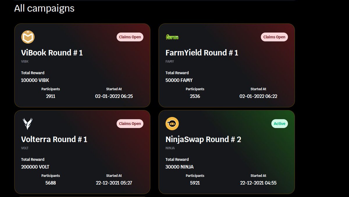 ninjaswapapp's tweet photo. Following Bounties Campaigns claims are open please claim your rewards hurry up
https://t.co/UWc9JBNZ4k
#ViBook Round # 1
#FarmYield Round # 1
#Volterra Round # 1
#Bounty https://t.co/VMqumMvvp1