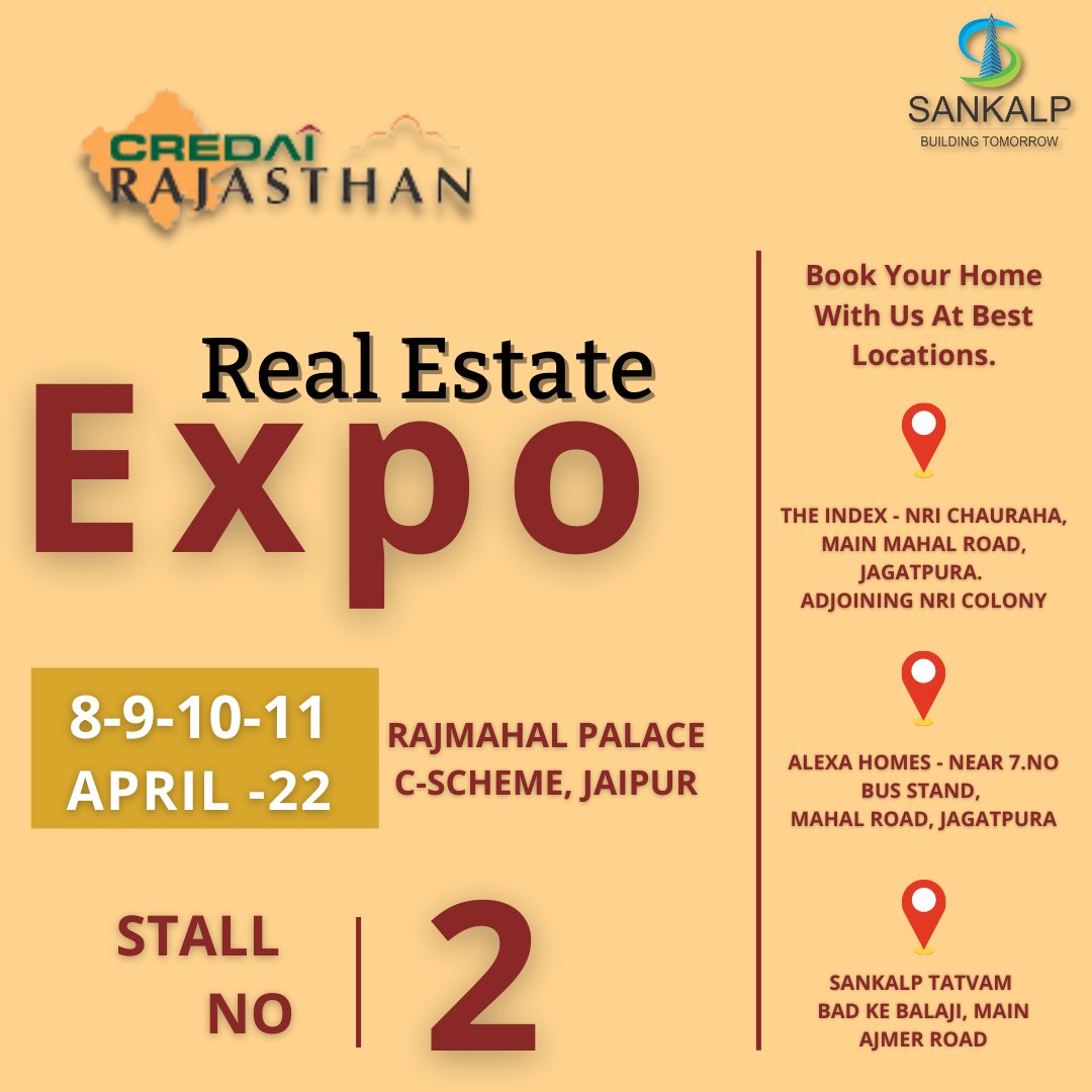 sankalp_builder's tweet photo. Looking for a lovely home ? Browse finest real estate solutions at #CREDAI Expo Jaipur from 8th to 11th April 2022. At Rajmahal Palace, C-Scheme, Jaipur.
#sankalpgroup #credairajasthan #3bhkflatsforsale #flatsnearme #smarthomesinjaipur #jagatpura #readytoshift #flatsforsale https://t.co/Eo2Wqg0X0m