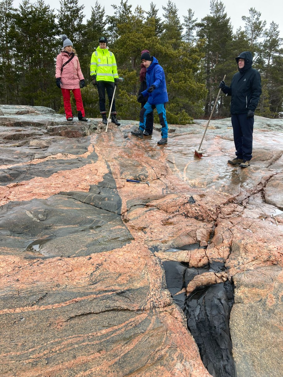 #FridayFieldPhoto 14/2022! Kickstart to the FieldWork season 2022 at Kopparnäs field site in S 🇫🇮.
Introducing fracture and faults to the Geoenergy group @GTK_FI yesterday some snow in the field but outcrops were #bueno and #chapeu🥳
#Geologyrocks #geologia #geologypage #geology