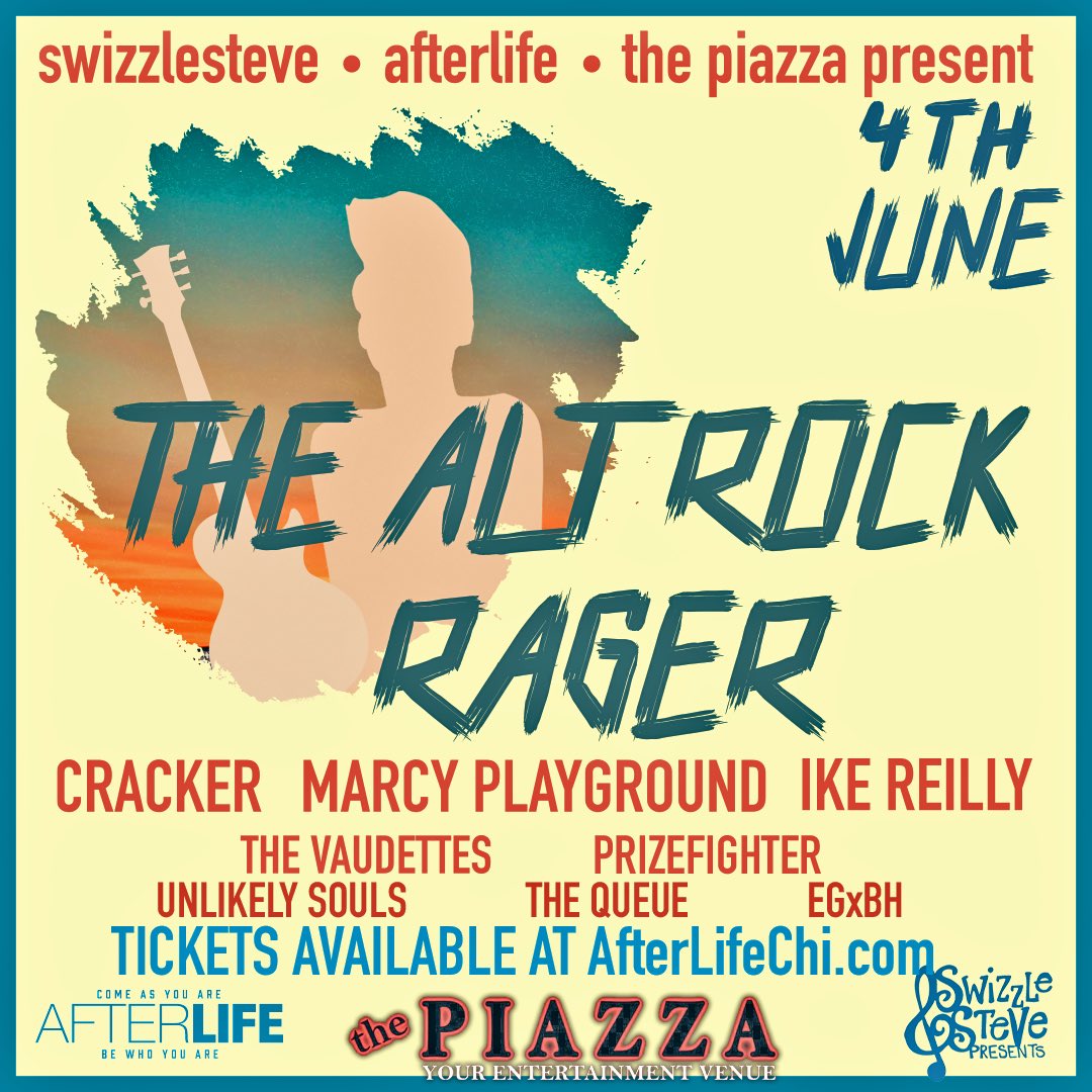 swizzlesteve's tweet photo. The #alt #rock #rager coming at you June 4 featuring @TheBandCracker @marcydylan @IkeReilly with special guests @vaudettes @przfgtr @UnlikelySouls @thequeueband @EGxBH2 #outdoors at @thepiazzaaurora Rock The Lot stage! 

🎟 https://t.co/rj7paxT3Sf

@afterlifechi 
@swizzlesteve https://t.co/vcpdYUhjW9