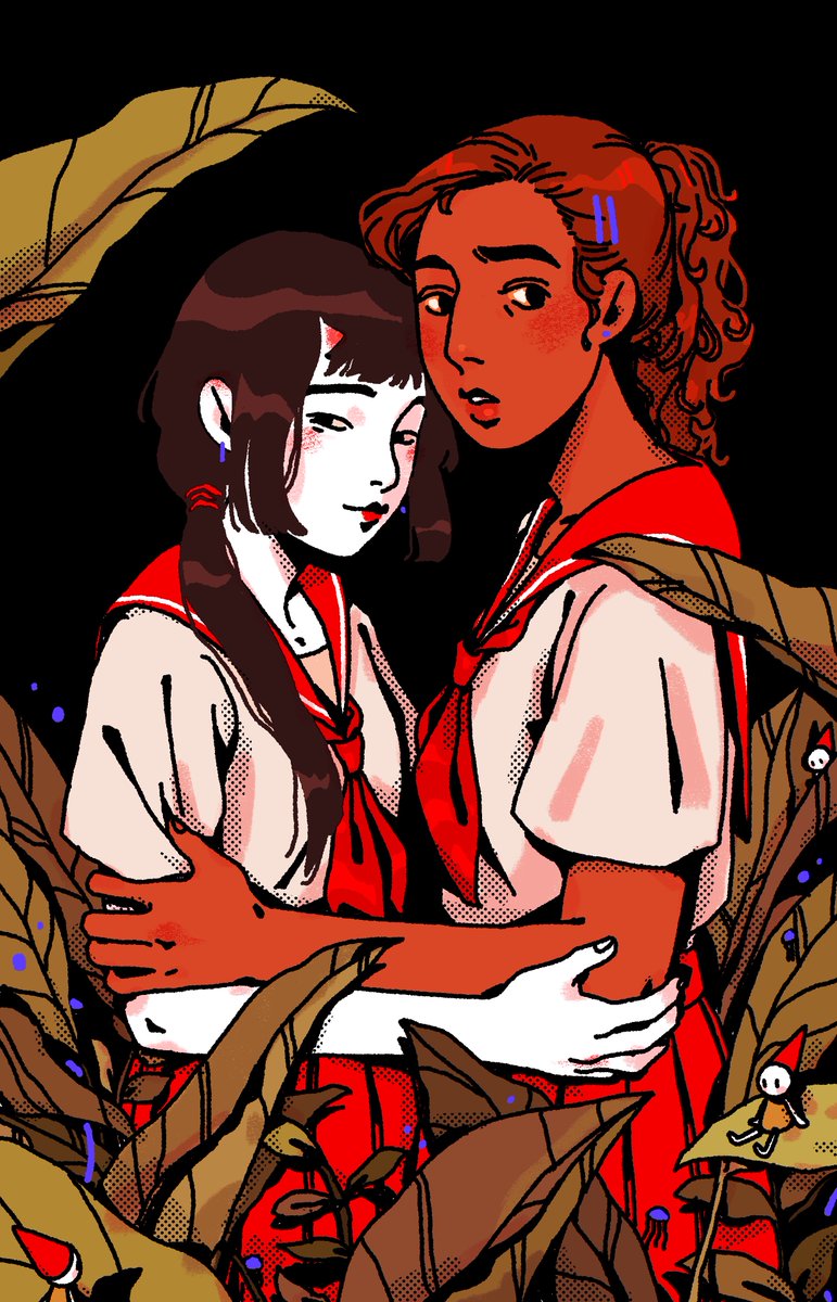 2girls multiple girls dark skin dark-skinned female ponytail leaf red skirt  illustration images