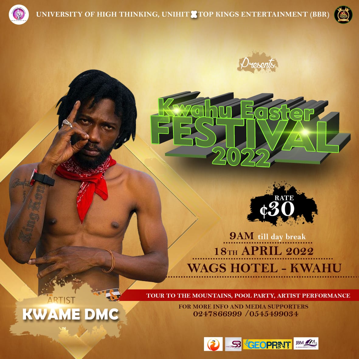 TopKingsEnt's tweet photo. Kwahu Easter Festival on the 18th of April in Kwahu! With Kwame DMC, Kwame Vybz, Kofi Jamar and G. Man performing live, alongside a lot of other hot artists!
From 9 am at the Wags Hotel in Kwahu! https://t.co/nUT5ERqgGo