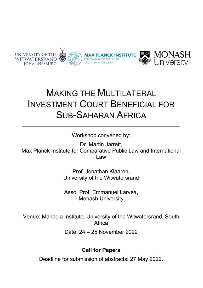 DrMartinJarrett's tweet photo. CfP for workshop: Making #MultInvCourt Beneficial for #subsaharanafrica', funded by @VolkswagenSt
Joint project btw @MPIL, @MandelaInstWits (@WitsSchoolofLaw) & @MonashLawSchool
Partners: J Klaaren @WitsSchoolofLaw & E Laryea @MonashLawSchool
Grateful for retweets https://t.co/DbIGCwwLuK