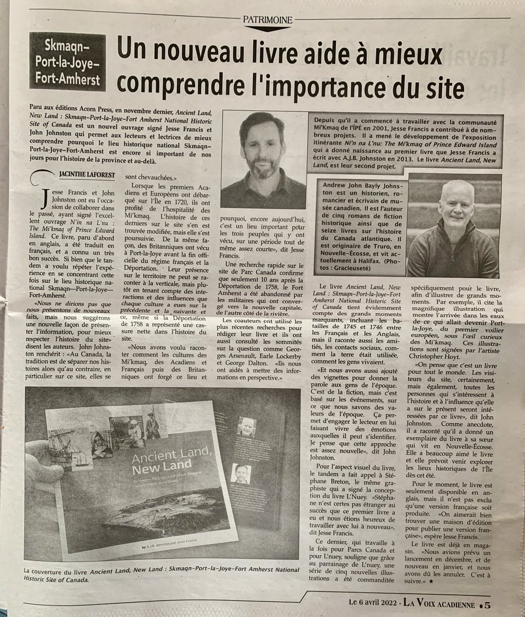 AJBJohnston's tweet photo. Latest publicity on new book by Jesse Francis and me ⁦@AcornPress⁩ ⁦@WritersFedofNS⁩ ⁦@twuc⁩ Merci ⁦@LaVoixacadienne⁩ https://t.co/axnsyzydZN
