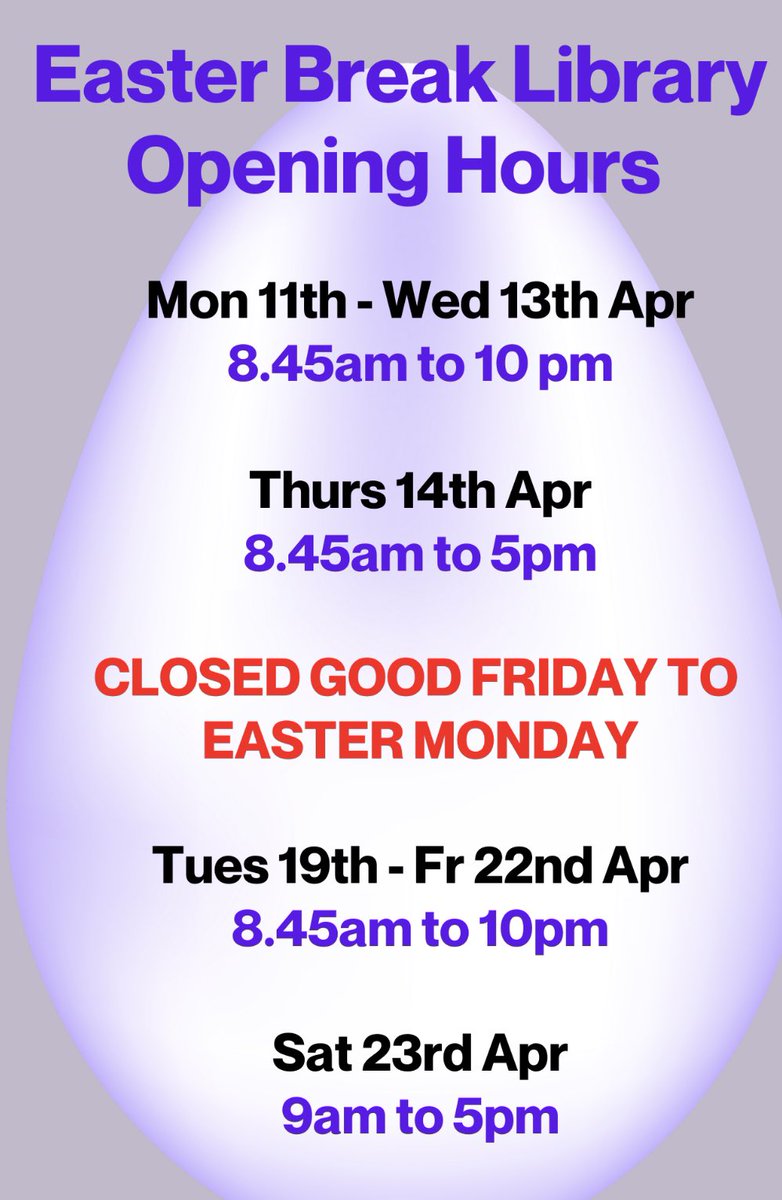 Easter break is coming 🐣 here are our opening/closing times for the coming two weeks. Don’t forget all our online databases &amp; resources are available 24/7
