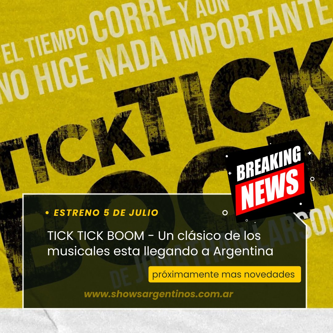 showsarg2024's tweet photo. Llega #TickTickBoom a la Argentina
La vida de Jonathan Larson en sus propias palabras y música.

Dirección General #ArielDelMastro 
Coreografías #negrocarrizo
Asistencia de Dirección #macarenadelmastro
Dirección Vocal @eugilrodriguez
Dirección Musical @giulisosamusica https://t.co/DFrAaUIu2k