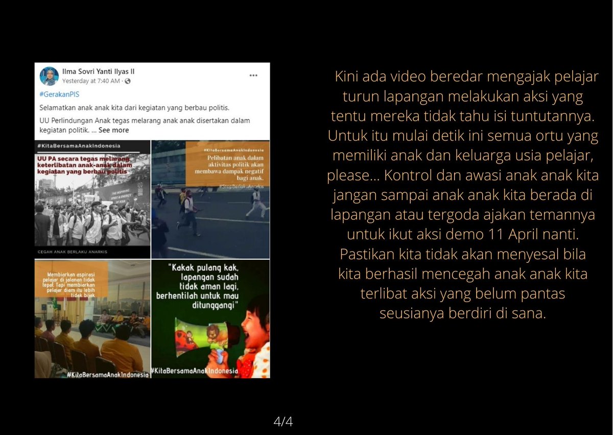 Leonita_Lestari's tweet photo. SELAMATKAN ANAK - ANAK KITA DARI KEGIATAN YANG BERBAU POLITIS |masih ada waktu untuk para orangtua untuk mencegah anak - anaknya dijadikan ALAT manusia yang tidak bertanggung jawab
.
.
.
.
Bantu RT jika berkenan, terima kasih.
.
.
#KitaBersamaAnakIndonesia https://t.co/Gbj6HcdFlq