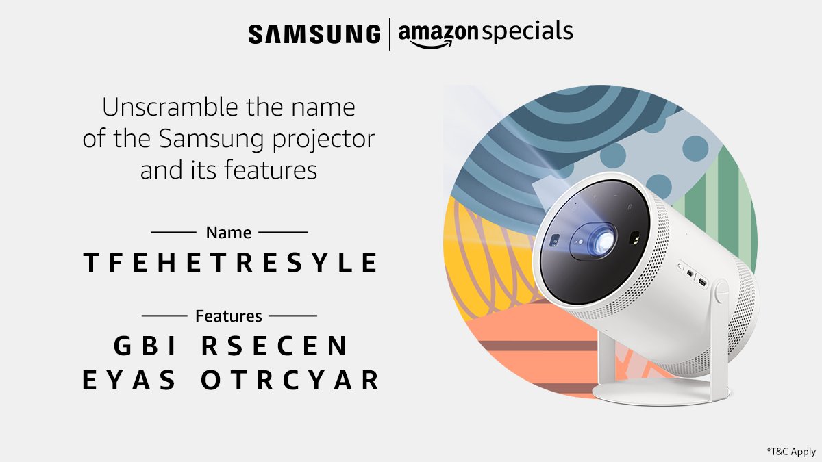 amazonIN's tweet photo. Here's your chance to take home a Samsung projector. All you have to do is unscramble its name and features and share with us using #SamsungFreestyleOnAmazon. So, get cracking! https://t.co/wvDjJyQUpf