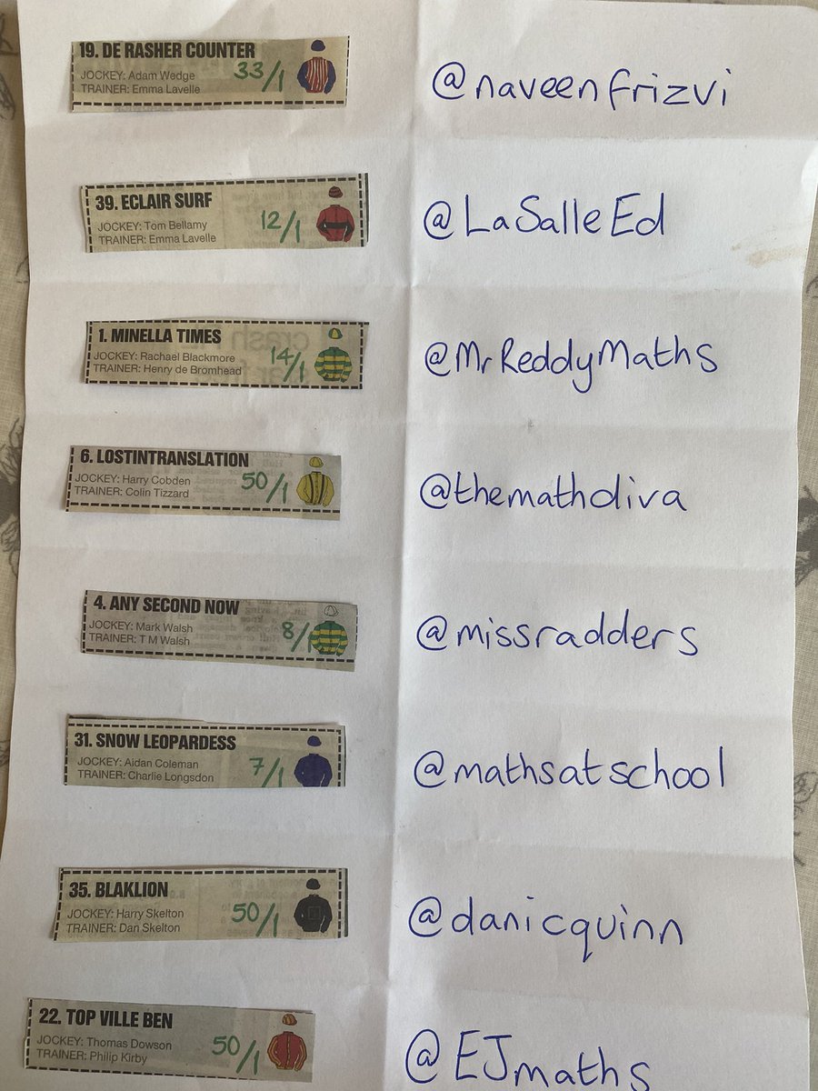 RJS2212's tweet image. Horses for 2022 #mathssweepstake #GrandNational2022 good luck to all tomorrow including @BrunoReddyMaths @themathsdiva @missradders @danicquinn