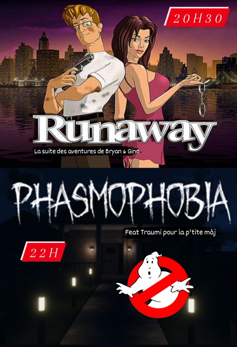 HarLyne_Q's tweet photo. ⏰20h30 : La suite des aventures de Bryan et Gina sur #Runaway ! #pointandclick (objectif : le moins de soluce possible 🤪) 
⏰22h : Retour sur #Phasmophobia avec @Traumination ! 💜🔦 #Glowstick #MaisMaLumière 👻 Ruth Garcia, donnez nous un signe !! 

#twitch #streamer https://t.co/OWTOK8KVSS