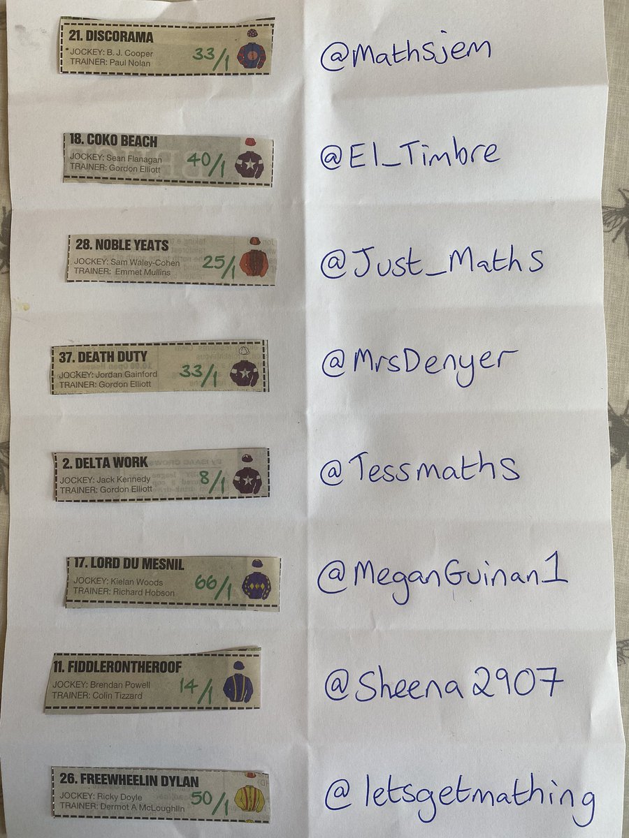 RJS2212's tweet image. Horses for 2022 #mathssweepstake #GrandNational2022 good luck to all tomorrow including @Just_Maths @letsgetmathing