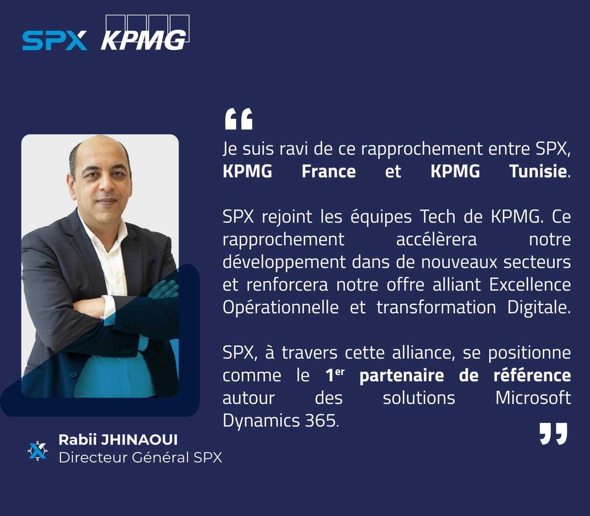 SPX_dynamics365's tweet photo. Nouvelle : #SPX rejoint KPMG
🎤« Je suis ravi de ce rapprochement entre SPX, KPMG France et KPMG Tunisie. SPX rejoint les équipes Tech de KPMG...»
#KPMG #D365 #microsoft https://t.co/JKgPH6liGL