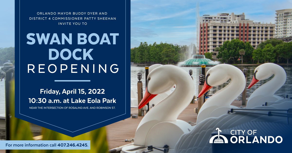 LakeEolaPark's tweet photo. Swan Boats will be reopening on Friday April 15th!! https://t.co/AvKxY7Y4ss