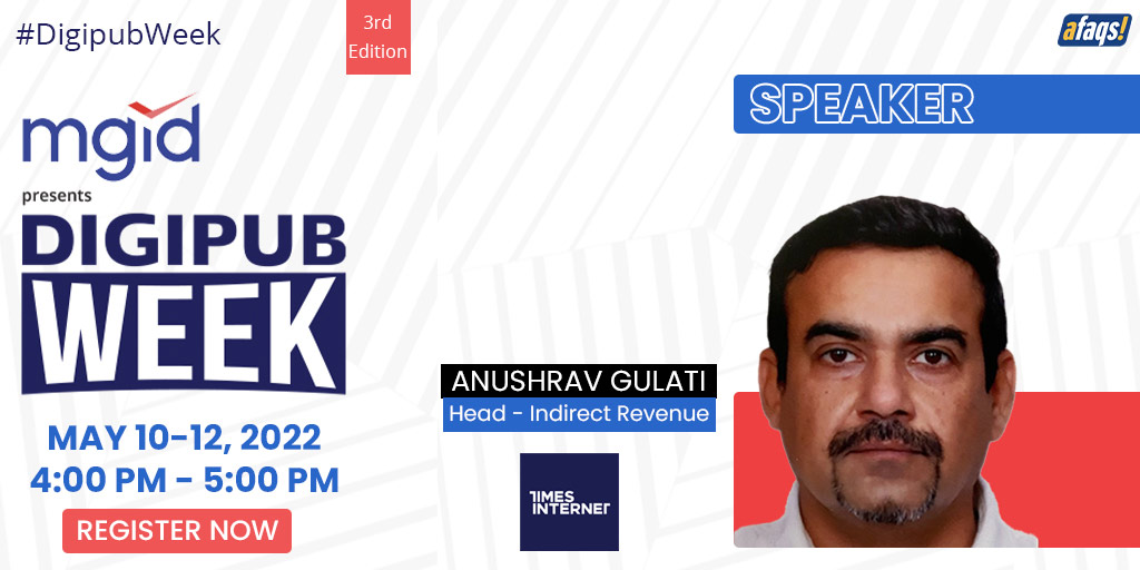 afaqs's tweet photo. #DigipubWeek: Presenting our next speaker, Anushrav Gulati, Head - Indirect Revenues, @TimesInternet.
He's a technologist and digital business leader with 20 years in industry across Media, ecommerce and IT.
REGISTER: https://t.co/9E7ps09qf5
@MGID | #Live | #event | #conference https://t.co/0Zw2pgXCx1