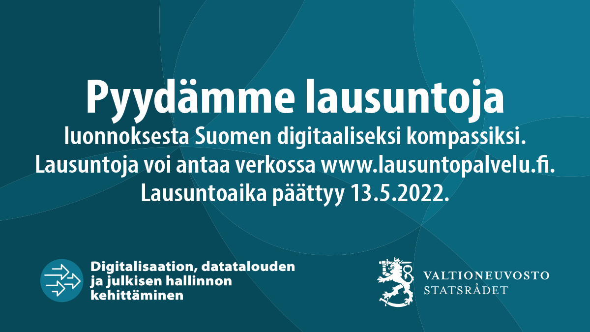 lvmfi's tweet photo. Lausu ja vaikuta! 🗣️

Luonnos Suomen digitaaliseksi kompassiksi on lähetetty lausuntokierrokselle. Lausu 13.5. mennessä!

🔗 Lausuntopalvelu: https://t.co/GePB7f1i24
🔗 Julkaisutilaisuus: https://t.co/PZklgM3eCp

#digikompassi #digitalisaatio #digitoimisto https://t.co/eYRuGZJ8LY