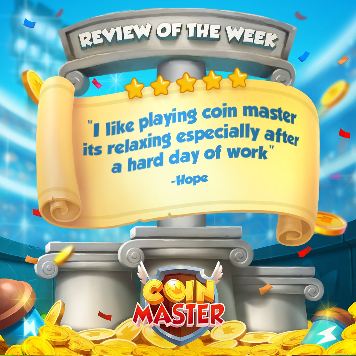 CoinMasterGame's tweet photo. Awww shucks! You're making us BLUSH! 😊 
𝑾𝒆 𝒍𝒐𝒗𝒆 𝒕𝒐 𝒉𝒆𝒂𝒓 𝒚𝒐𝒖𝒓 𝒕𝒉𝒐𝒖𝒈𝒉𝒕𝒔 𝒂𝒃𝒐𝒖𝒕 𝒕𝒉𝒆 𝒈𝒂𝒎𝒆! 
Review us now!! ⭐️  ⭐️ ⭐️ ⭐️ ⭐️  https://t.co/vbsM3CMKQo https://t.co/5rmIPkoeT3