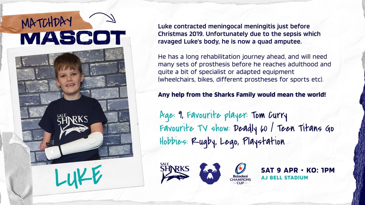 SaleSharksRugby's tweet photo. 🦈🐻 𝙈𝙖𝙩𝙘𝙝𝙙𝙖𝙮 𝙈𝙖𝙨𝙘𝙤𝙩

This week's mascot is Luke Mortimer. Luke is on a long rehabilitation journey as a quad amputee, and needs specialist equipment to improve his quality of life.

Any help from the #SharksFamily would mean the world! 

▶️ https://t.co/CA3rJkxYgu https://t.co/7OeIFCcO7b