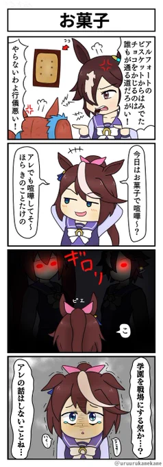 お菓子で喧嘩するウオッカとスカーレットの四コマ漫画です。
#ウマ娘 