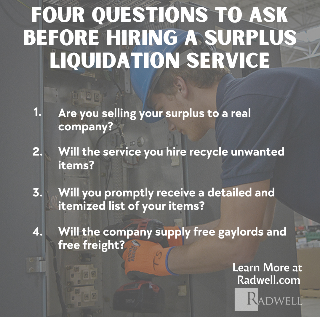 Radwell_Intl's tweet photo. There are many questions you should ask before hiring a surplus liquidation service. Here are the ones we think are the top 4. To get help navigating the surplus liquidation process, reach out to us at https://t.co/dZUoLjZCCc
#assetRecovery #surplusliquidation https://t.co/j3aXqpQi88