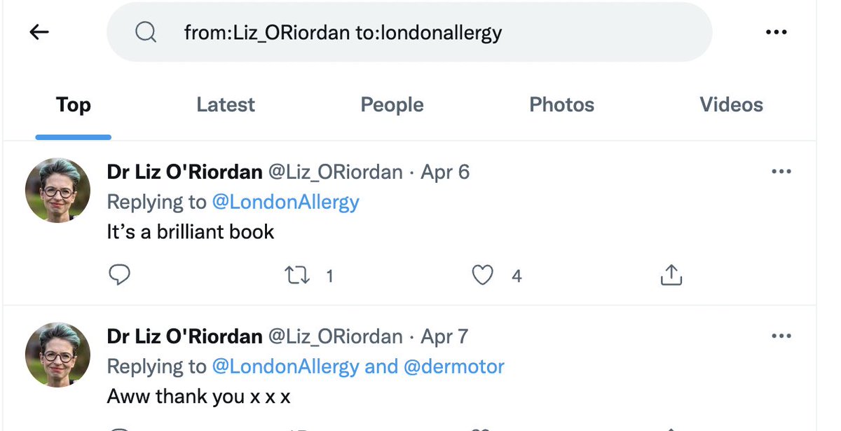1. Find tweets from a particular person.Want to see what  @Liz_ORiordan's been tweeting about?Just type in the search bar:from:Liz_ORiordanWant to see tweets to  @LondonAllergy?to:londonallergyCombine these to see their interactions:from:Liz_ORiordan to:londonallergy