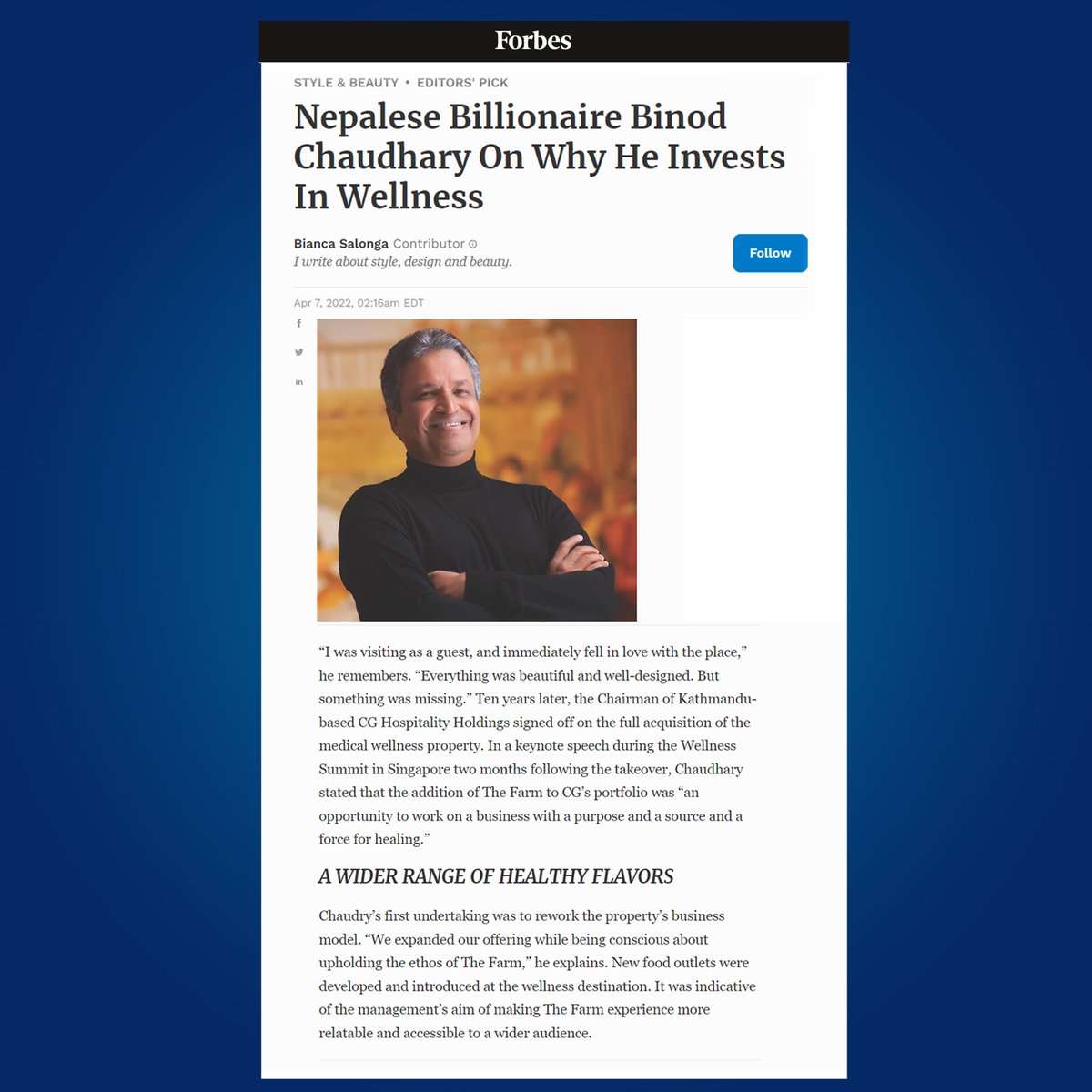bookmakingitbig's tweet photo. Check out how Mr. @BinodKChaudhary's insatiable quest for spotting idyllic wellness destinations is giving customers unparalleled experiences.🙌

Click link to read more https://t.co/Ie6qYNRLtG

#Wellness #CGCorpGlobal #CGHospitality @TheFarm_PH @Forbes https://t.co/2xSWQHB9wH
