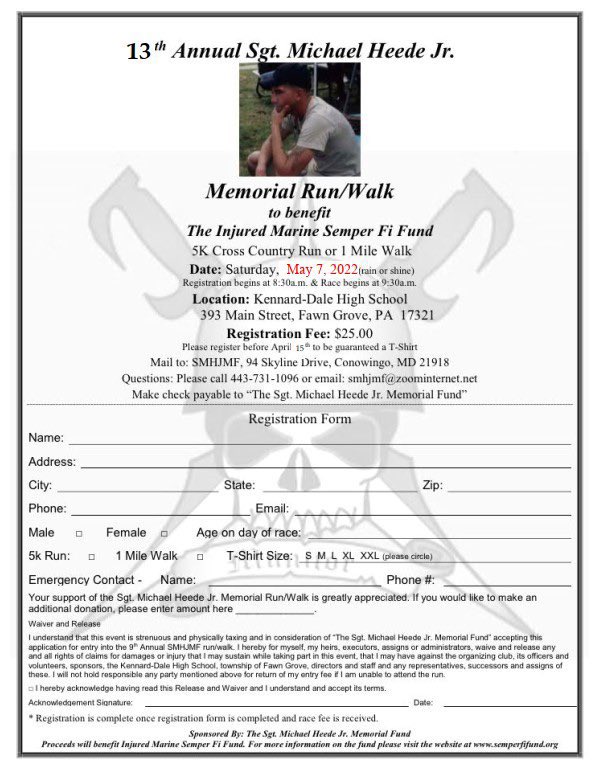 Reminder:  The Annual Mike Heede, Jr. 5K Run and Walk is May 7th at Kennard-Dale High School.  The registration deadline to ensure you get a t-shirt is just around the corner - April 15.