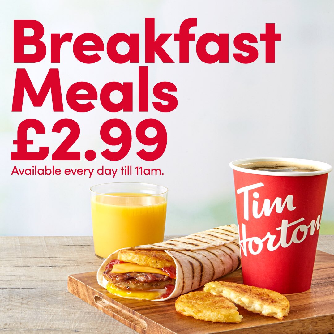 Tim Hortons UK on X: Any breakfast meal, a hash brown and a small hot  drink or orange juice all for just £2.99 🤩🍴 We recommend trying our Big  Breakfast Wrap! A