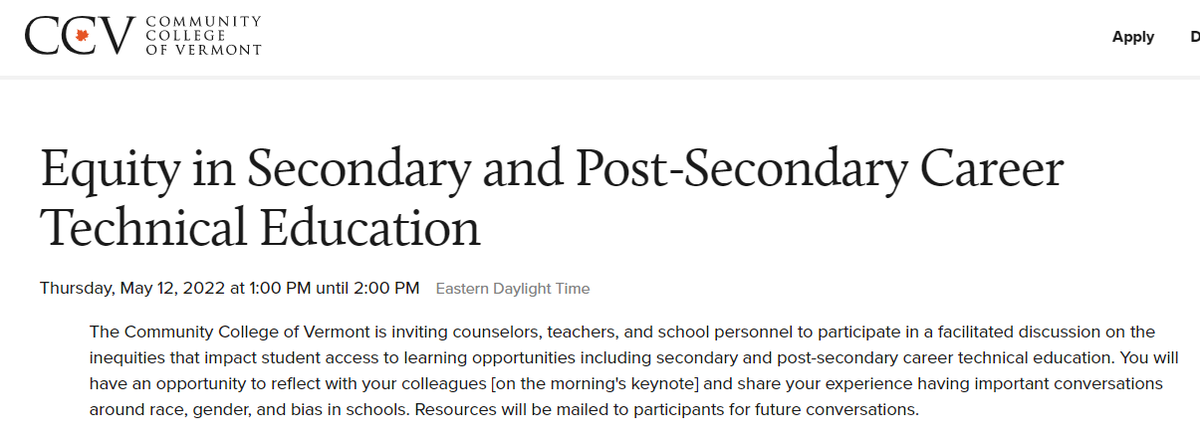 Hey #VTed and CTE advocates...

⚖️Equity in Secondary and Post-Secondary Career Technical Education
🎯"...facilitated discussion on the inequities that impact student access to learning opportunities..." in CTE.
🔗admissions.ccv.edu/register/equit…