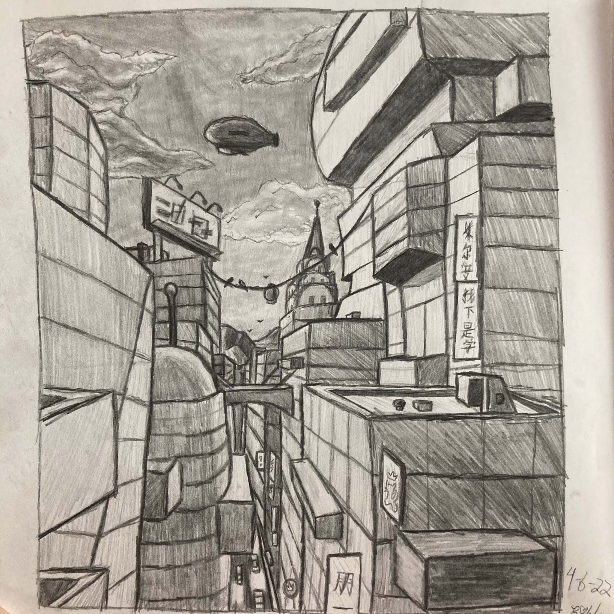 Realistic cityscape drawing in two-point perspective on Craiyon