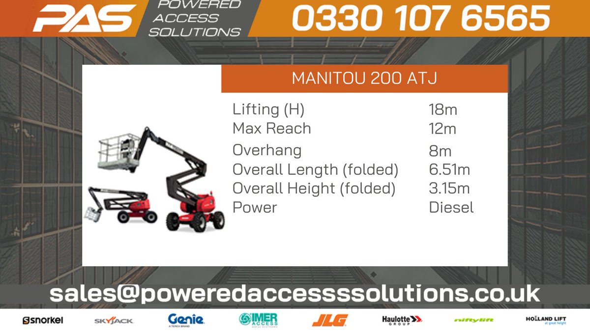 🟠🟠The Manitou 200 ATJ articulated platform allows you to carry out your tasks at a working height of 20m with an up and over clearance of 8m. 🟠🟠

View &amp; Download product spec - poweredaccesssolutions.co.uk/boom-hire/mani…
  
#Poweredaccess