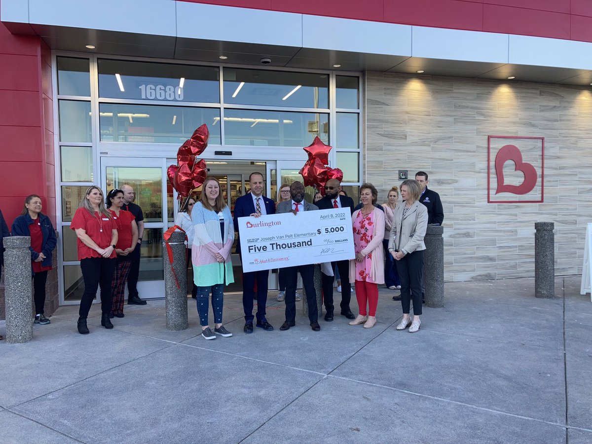 WashCoSuper's tweet photo. Thanks to our new neighbors @Burlington &amp; @Adopt_classroom for your $5K donation to Van Pelt Elementary to help further our students’ education and support our teachers! We love our new neighbors and #BurlingtonLovesTeachers https://t.co/S986TAMOxM