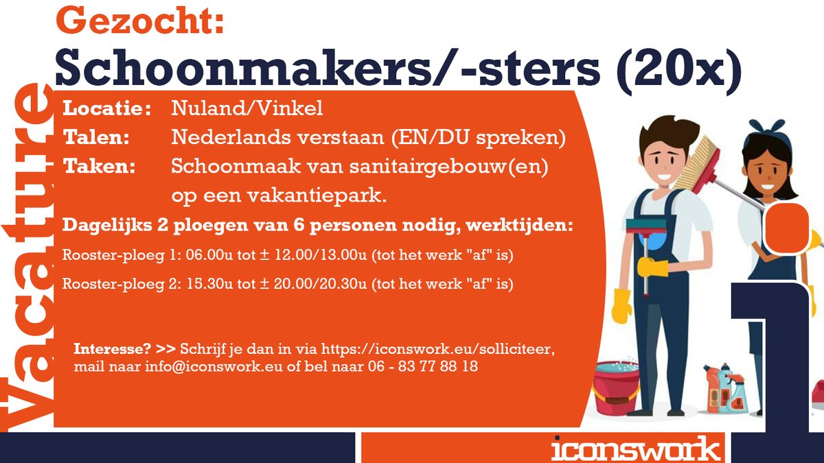 sterburg's tweet photo. #VACATURE #JOBALERT 
Voor een vakantiepark in regio Vinkel/Nuland zoek ik meerdere ploegen schoonmaakmedewerkers(-sters) voor de sanitairgebouwen.

Solliciteer via https://t.co/gMRdEwzoCV of stuur een mail naar info@iconswork.eu https://t.co/yhiemImu9q