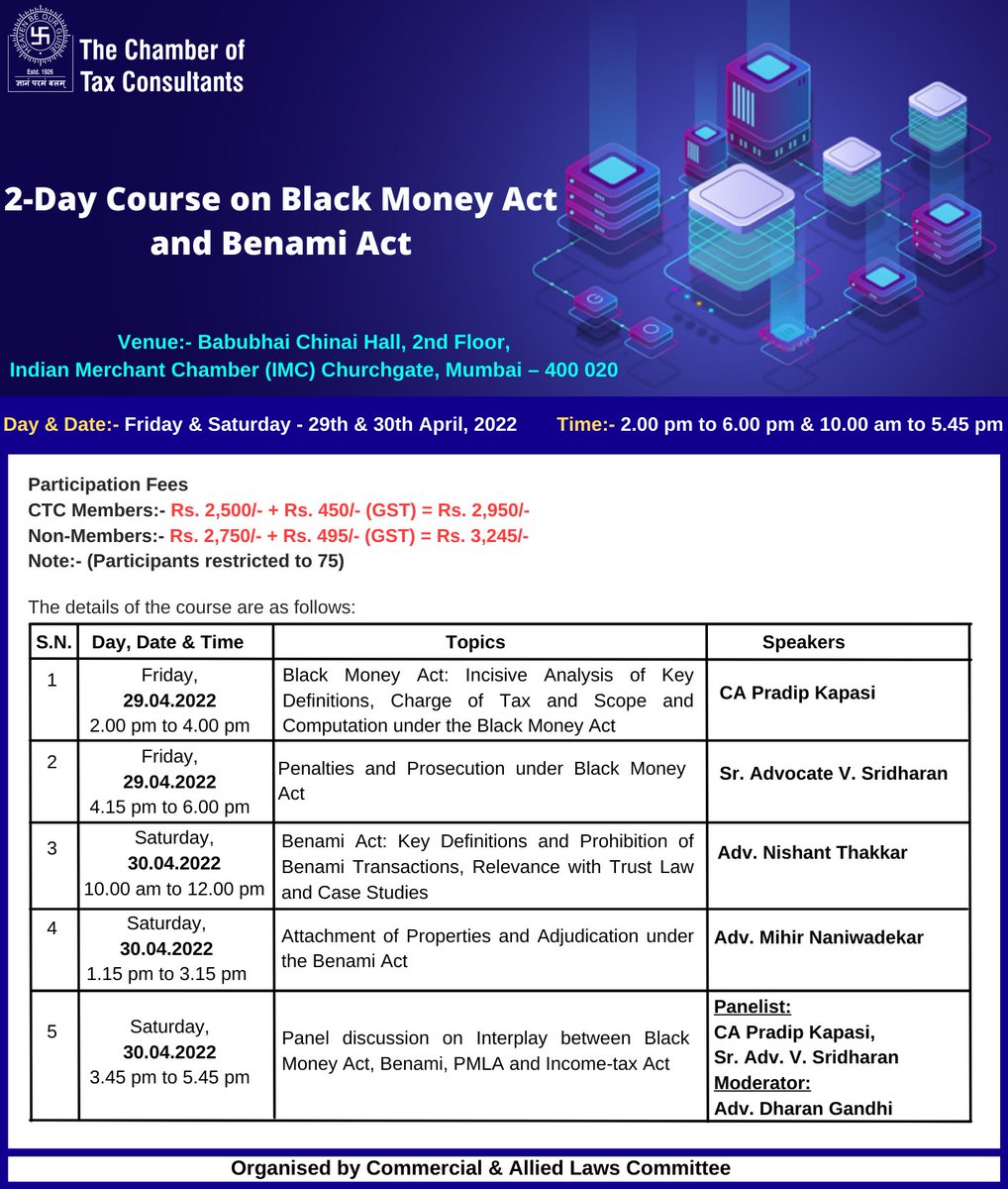 CTCConnect's tweet photo. 2-Day Course on Black Money Act and Benami Act- [29th &amp; 30th April, 2022]
#2daycourse #blackmoneyact #benamiact

To Register
For Member:- https://t.co/s86RPI3Sic
For Non-Member:- https://t.co/sCRLZTo67t

To know more about the course:- https://t.co/6HhiRGhr4n https://t.co/cVYQnFJidW