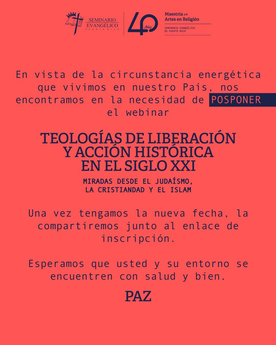 anthros81's tweet photo. 🔲🔜El evento de hoy queda pospuesto debido a la crisis energética de Puerto Rico. La Teología de la Liberación, sin embargo, permanece y continúa. Hoy más que nunca. https://t.co/qmWyvYiEv3