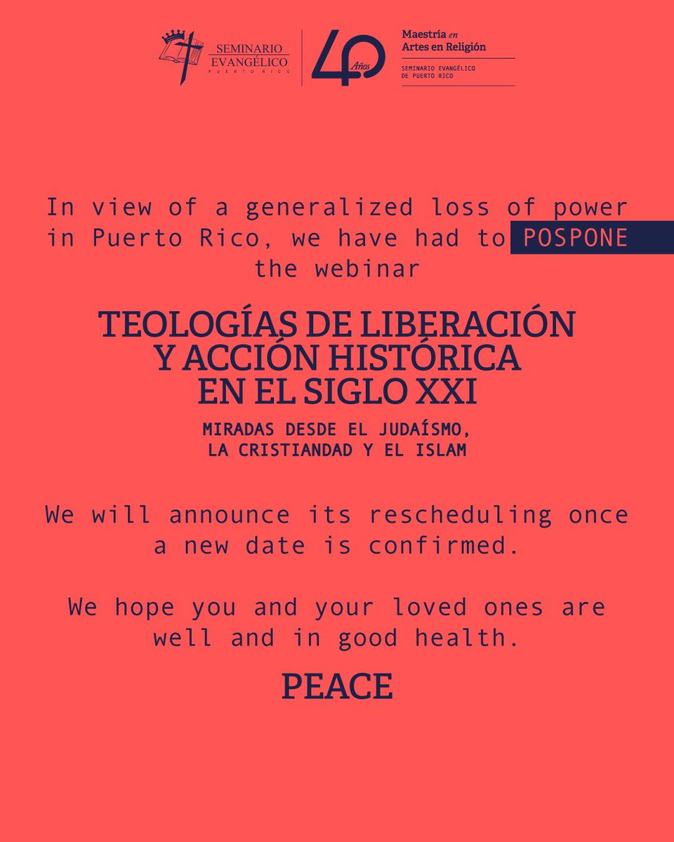 anthros81's tweet photo. 🔲🔜El evento de hoy queda pospuesto debido a la crisis energética de Puerto Rico. La Teología de la Liberación, sin embargo, permanece y continúa. Hoy más que nunca. https://t.co/qmWyvYiEv3