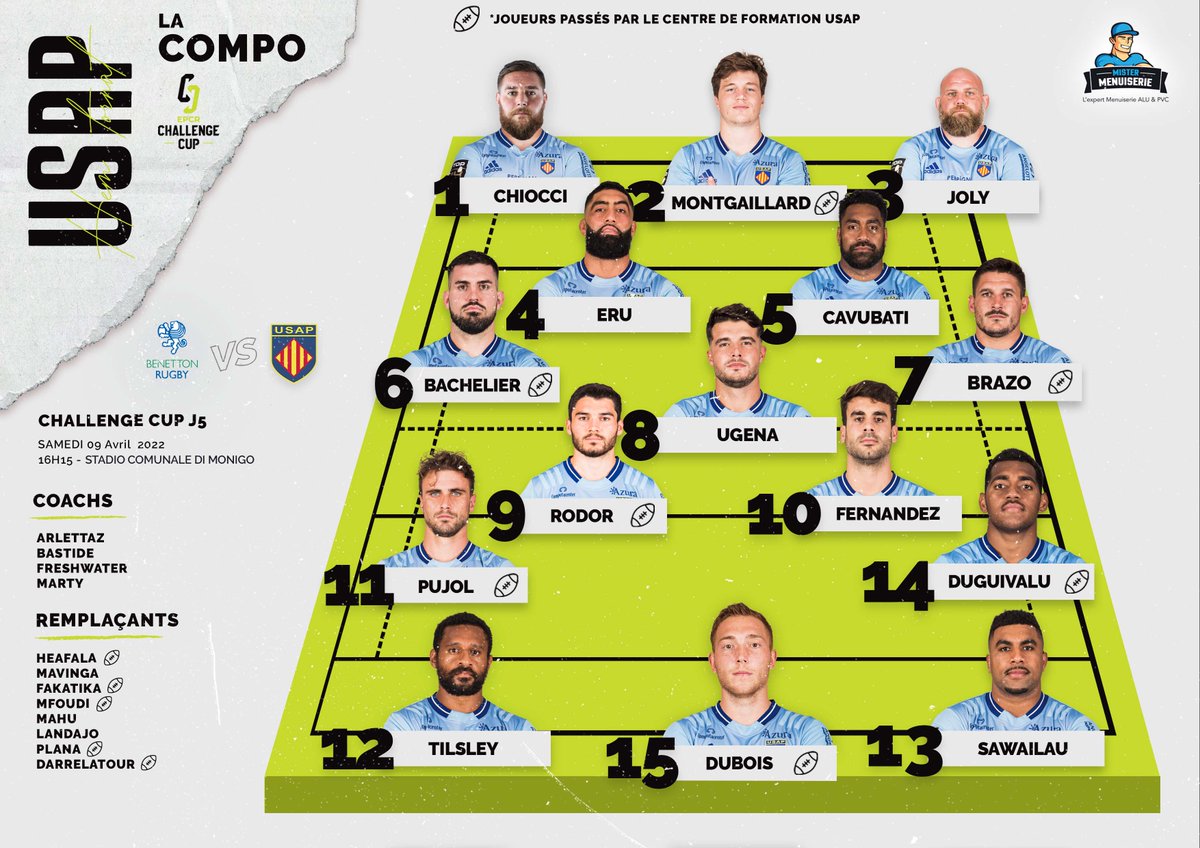 usap_officiel's tweet photo. ✨ 𝕃𝕒 𝕔𝕠𝕞𝕡𝕠 ✨

Voici le XV de départ pour affronter @BenettonRugby  pour la J5 de @ChallengeCup_  ! 🟡🔴

La composition vous est offerte par notre partenaire Mister Menuiserie

#HemTornat #rugby #epcr #ChallengeCupRugby https://t.co/vph1qEpqJa