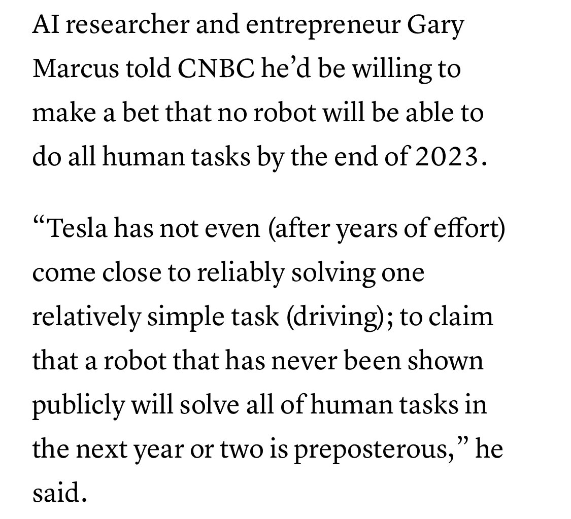 GaryMarcus's tweet image. The chance that @elonmusk will deliver a robot that can come close to doing all human tasks next year is indistinguishable from zero.
My comment to @CNBC: cnbc.com/2022/04/08/elo…