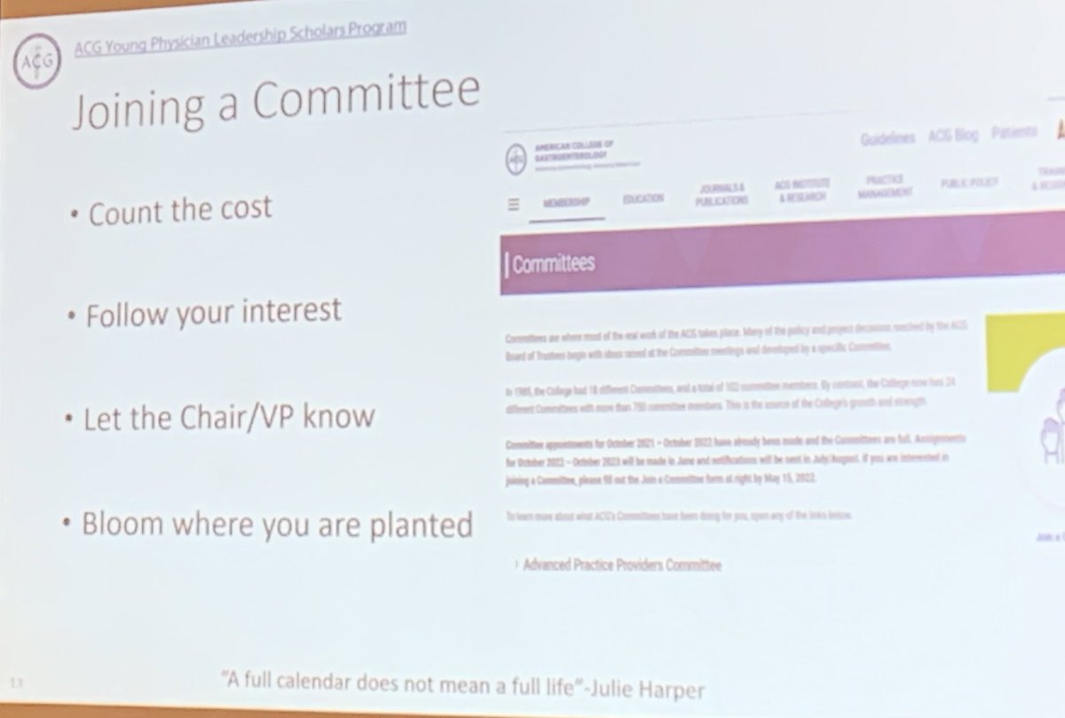 Are you interested in joining an @AmCollegeGastro committee? @peyoungmd sharing tips and tricks about how to get involved! ➡️Count the cost ➡️Follow your interest ➡️Let chair/VP know ➡️Bloom where you are planted (may not get first choice but that’s ok!) #GITwitter #YPLSP