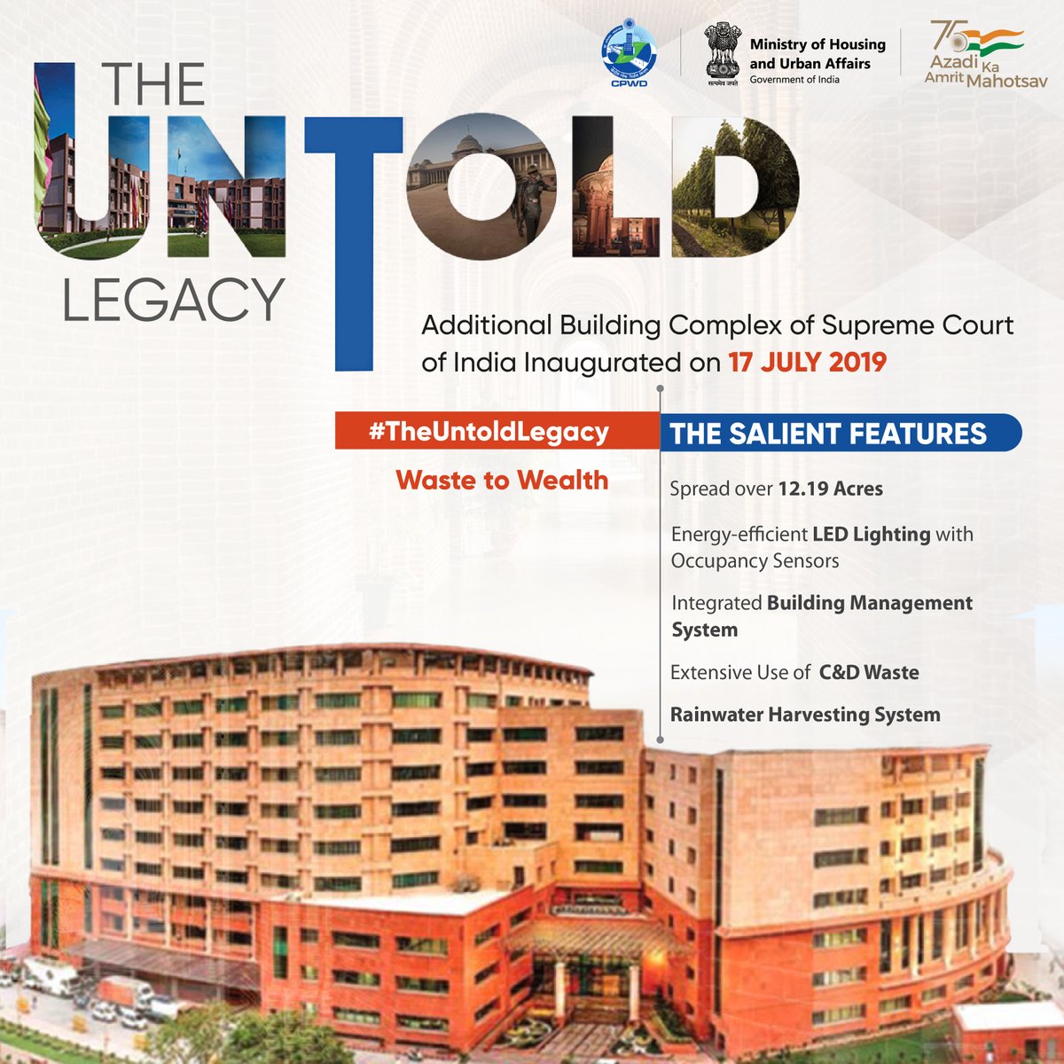 CPWDGOV's tweet photo. The Additional Building Complex of Supreme Court of India built by #CPWD extensively used C&D Waste in its construction. Spread over 12.19 acres, this state of the art building is a great example of solution to waste disposal crisis.
#TheUntoldLegacy #NationMaker #HistoryMatters https://t.co/MPPDlnaSDG