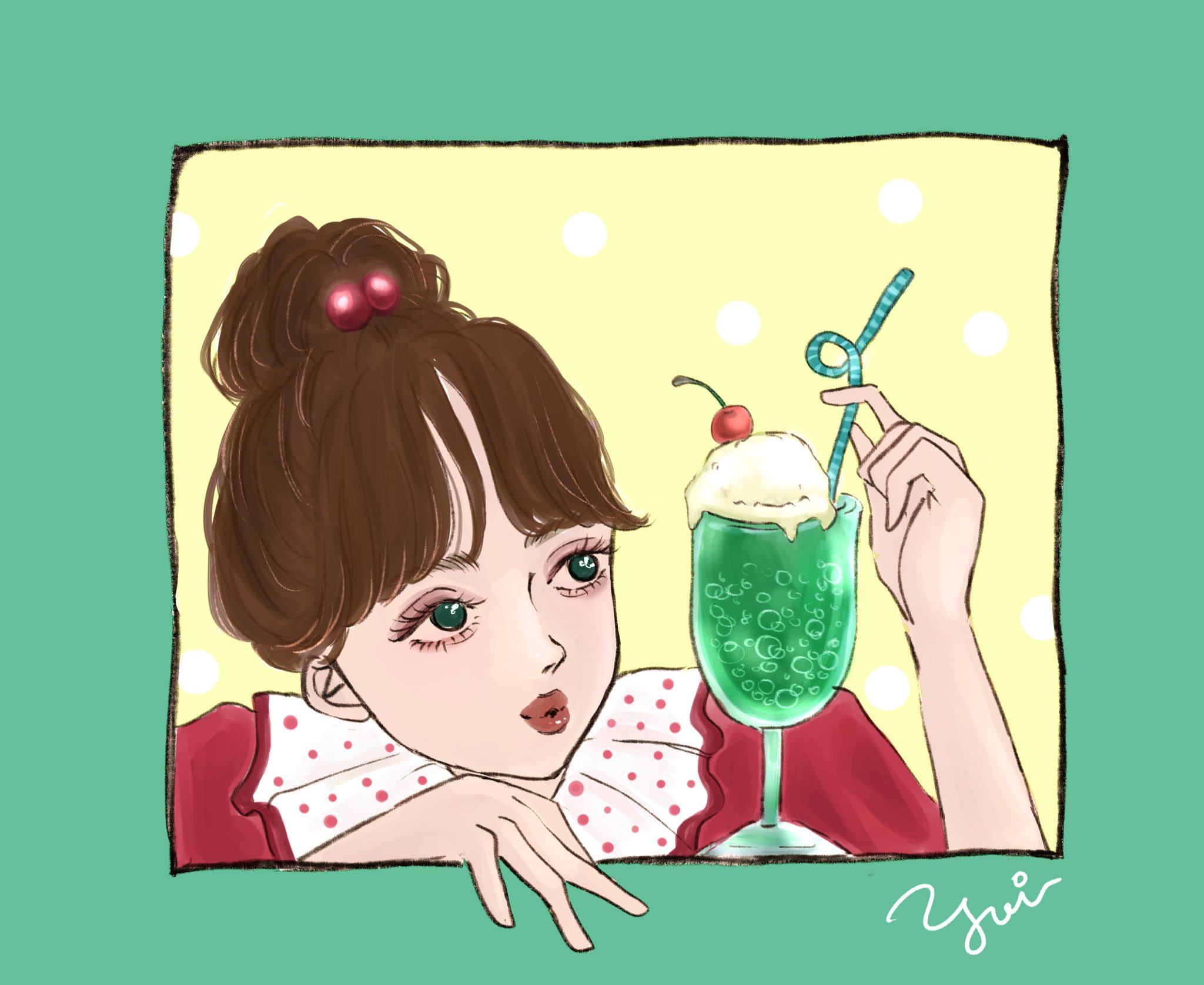 Yoriko Illustrator クリームソーダが飲みたくなって描いたレトロガール イラスト Illustration 絵描きさんと繋がりたい T Co Otelsgrfd9 Twitter