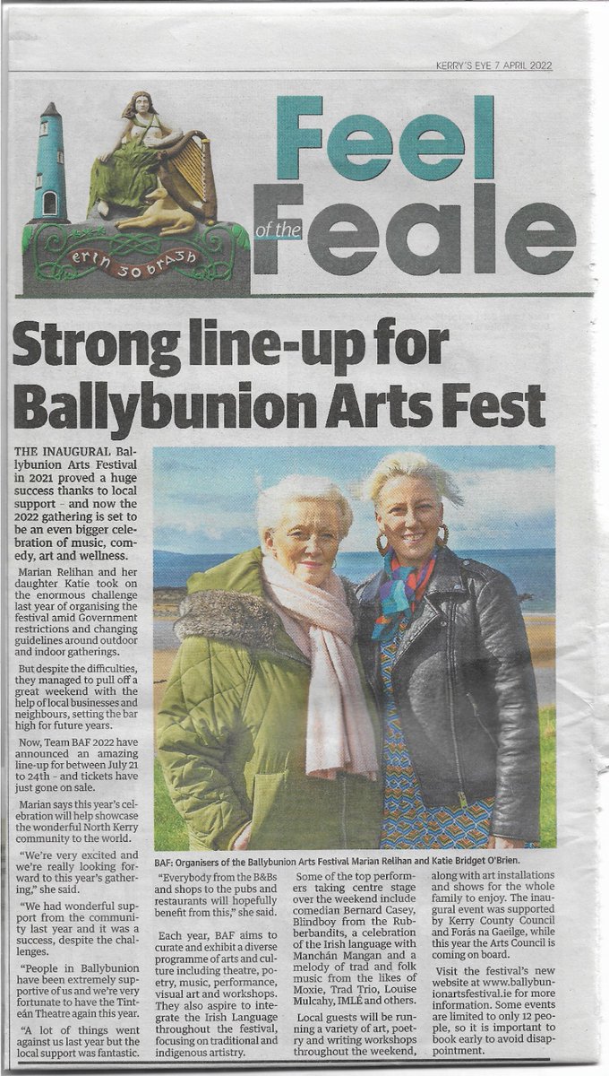 Thank you <a href="/Kerrys_Eye/">Kerry's Eye</a> for featuring us this week to share our great festival. So many amazing acts this year, we are bursting with excitement! #Ballybunion #Kerry #festivals #Summerfestival #Blindboy #Bernardcasey #LouiseMulcahy #Manchanmegan #Freeevents #beachvibes #irishartists