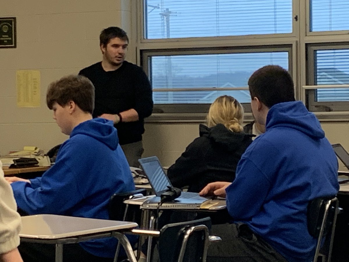 ProfJBock's tweet image. Zachary Turner leading students through a Global Studies Project in Mr. Staten’s class @BombersEdon. Can’t say enough about the positive environment at Edon! #TeacherbyTrine