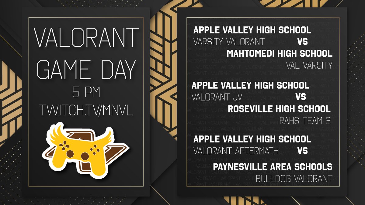 AVHSEsports's tweet photo. Big night tonight! Our Valorant JV team will have their match streamed against @ISD_623 RAHS Team 2 at 5 on https://t.co/0HbTUyPDxG - tune in to win 4 tickets to the @Twins on opening day! #avhsesports #createtheupdraft https://t.co/fr81x0Z39E