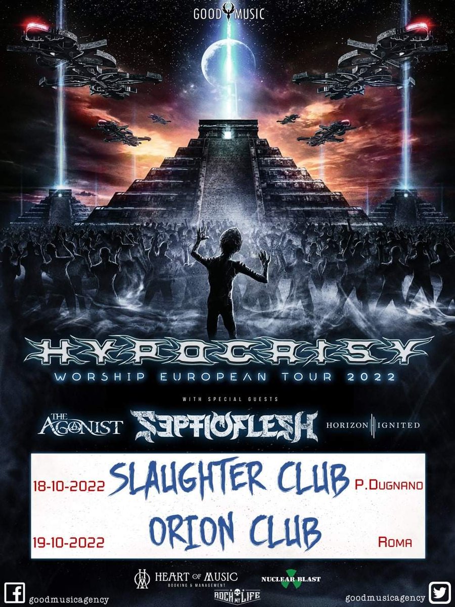 Tornano in Italia gli <a href="/hypocrisyband/">Hypocrisy</a> in compagnia di <a href="/septicfleshband/">SEPTICFLESH</a> <a href="/theagonist/">The Agonist</a> per due #concerti il 18 #ottobre allo #slaughterclub e il 19 all' <a href="/orionliveclub/">Orion Live Club</a> <a href="/metallus_it/">Metallus.it</a> <a href="/metal_it/">Metal.it</a> <a href="/Loudandproud_it/">Loud and Proud Italy</a> <a href="/Metalitalia/">Metalitalia.com</a> <a href="/redazioneRockit/">Rockit.it</a> #Deathmetal #Tours #concerts #gigs