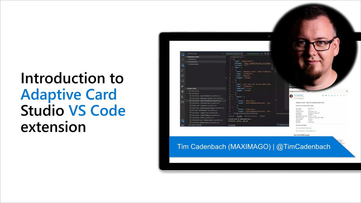 Microsoft365Dev's tweet photo. 🤩 Great #Microsoft365Dev demo by @TimCadenbach on Intro to Adaptive Card Studio VS Code extension

✔  Makes it easy to work with #AdaptiveCards
✔  Exposes all cards resident in your workspace
✔  Get samples from https://t.co/P3sIp3b4oE

Watch 📺 → https://t.co/qeR1V80mlY https://t.co/Upi68OhZff