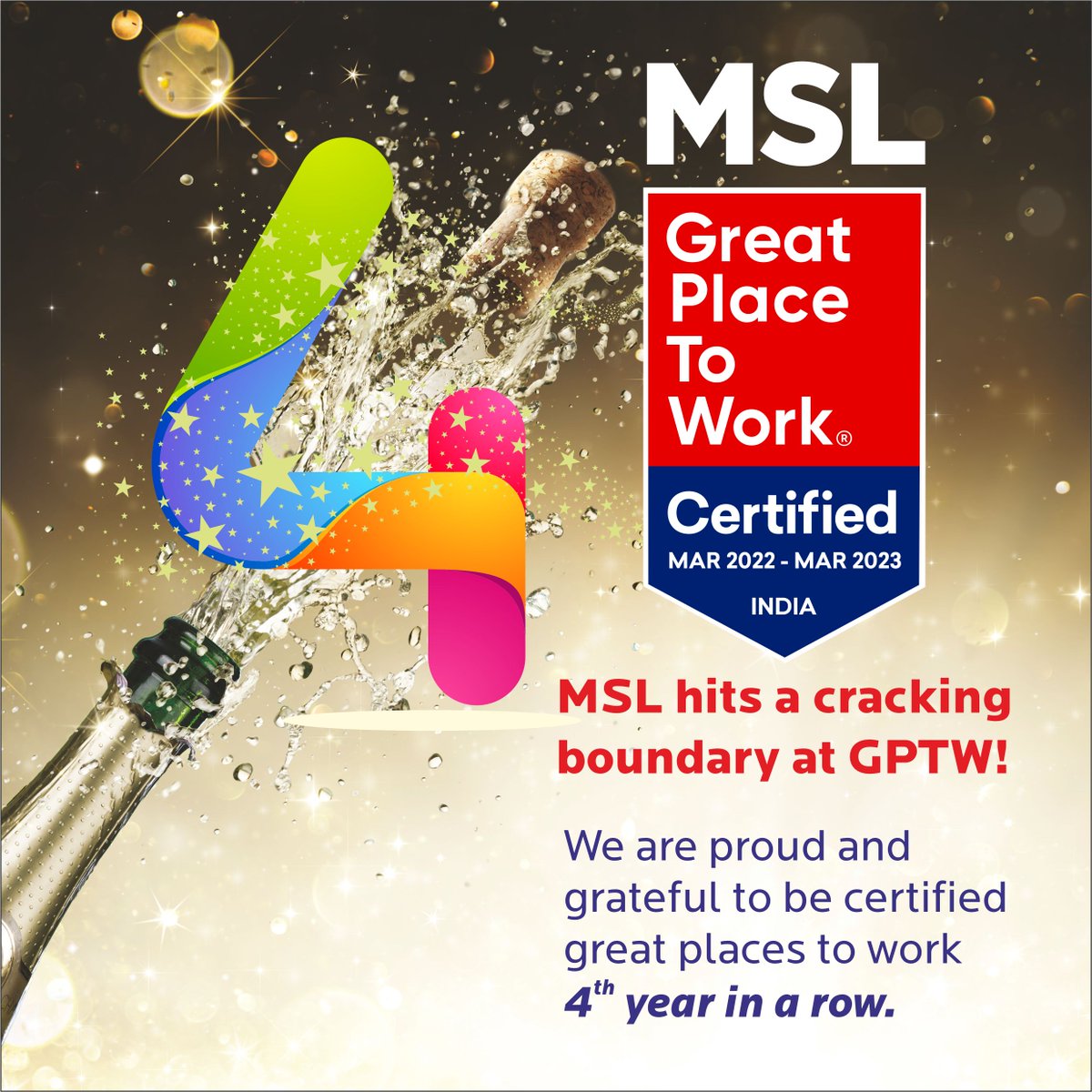 MSLGROUP_India's tweet photo. We are excited times 4 to get recognized as a #GreatPlaceToWork for the 4th year in a row!🥳🏆
We believe this recognition will only strengthen our efforts toward creating a #workspace that is centred around #people. 

Our heartfelt gratitude to our colleagues for trusting us.🙏🏽 https://t.co/daeO56S6vk