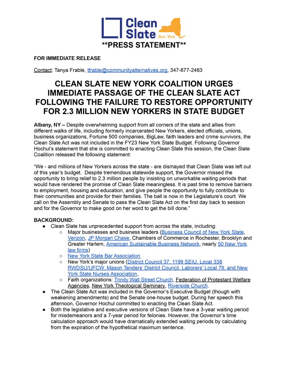 STATEMENT: We - and millions of New Yorkers across the state - are dismayed that Clean Slate was left out of this year’s budget despite tremendous statewide support. The ball is now in the Legislature’s court. Pass Clean Slate immediately.