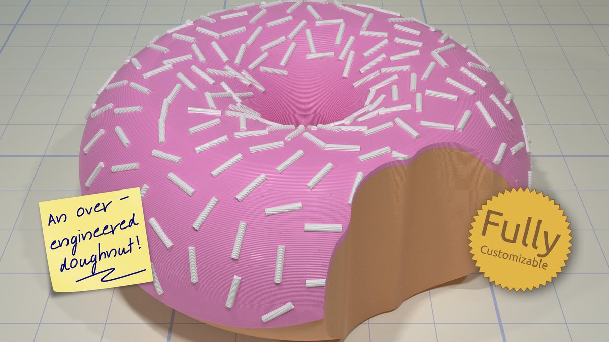 code_and_make's tweet image. An over-engineered, customizable, 3D printable doughnut! Our latest free design on @Thingiverse: thingiverse.com/thing:5345499 #3dprinted #3dprinting #thingalert
