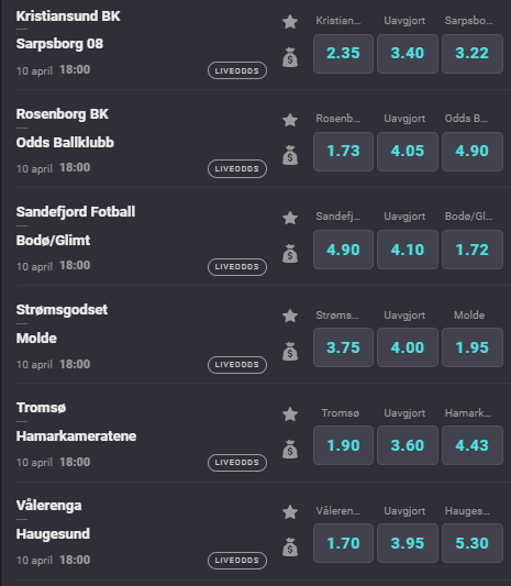 Helgas konkurranse er her!

For å delta:

✅❤️eller RT
✅Gjett riktig resultat i én av disse eliteseriekampene. For eksempel 6-2 til Sandefjord.

Vi trekker én vinner (med Coolbet-konto) som får 500,- i oddsbonus inn på sin konto.