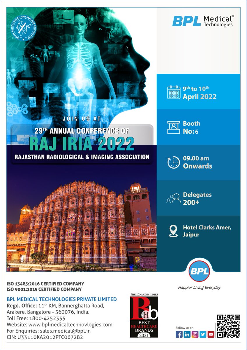 BPLMedTech's tweet photo. We invite you all to join us at the 29th Annual Conference of the Rajasthan Radiological and Imaging Association - RAJ IRIA 2022.
When: 9 - 10 April, 9 am onwards
Venue: Hotel Clarks Amer, Jaipur
We look forward to seeing you there!
#Radiologists #Radiology #ImagingConference https://t.co/W8dzZFygnD